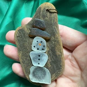 Genuine Sea glass snowman on driftwood ornament